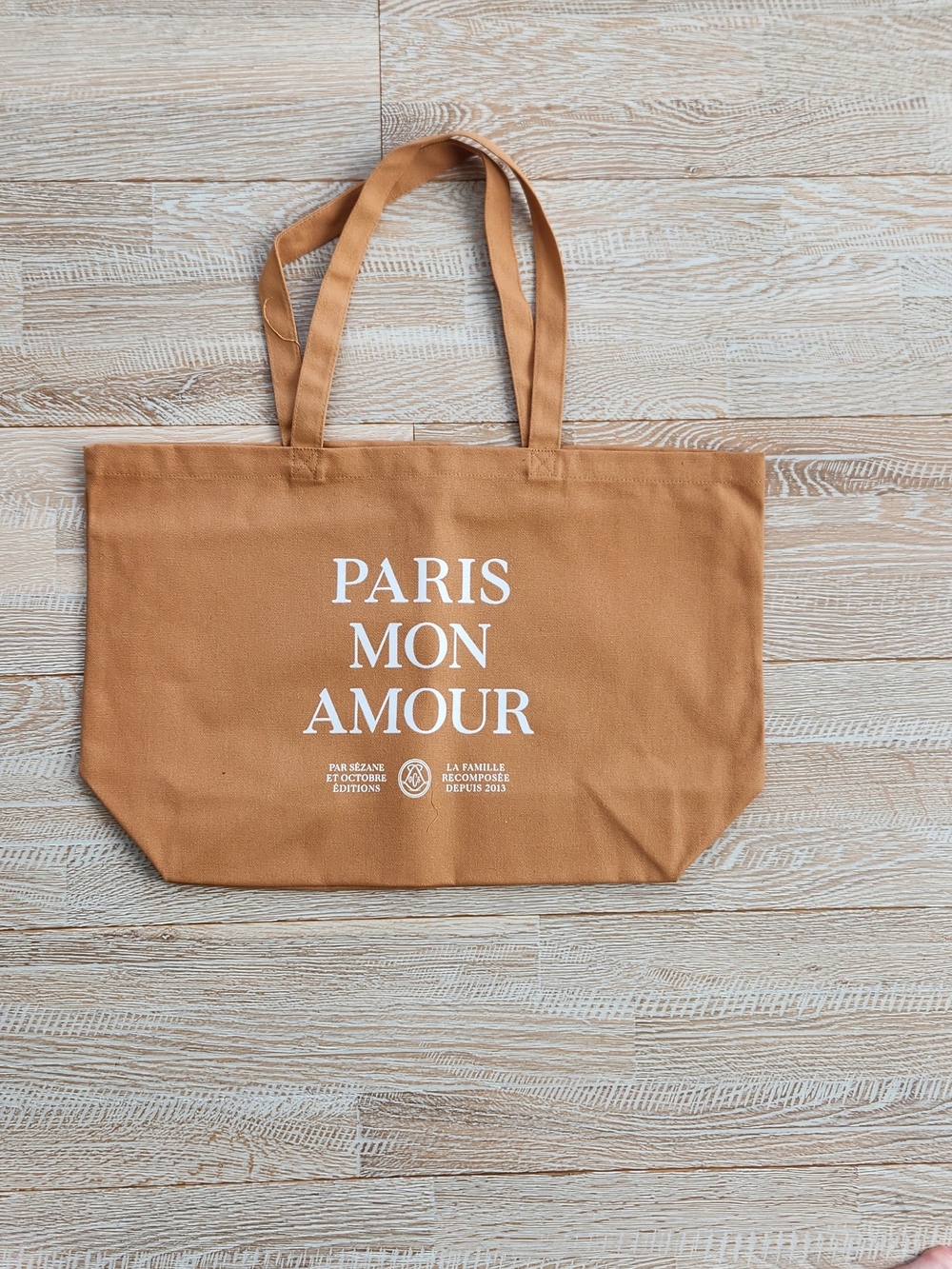 Sezane Tan Canvas Tote Bag with White Text